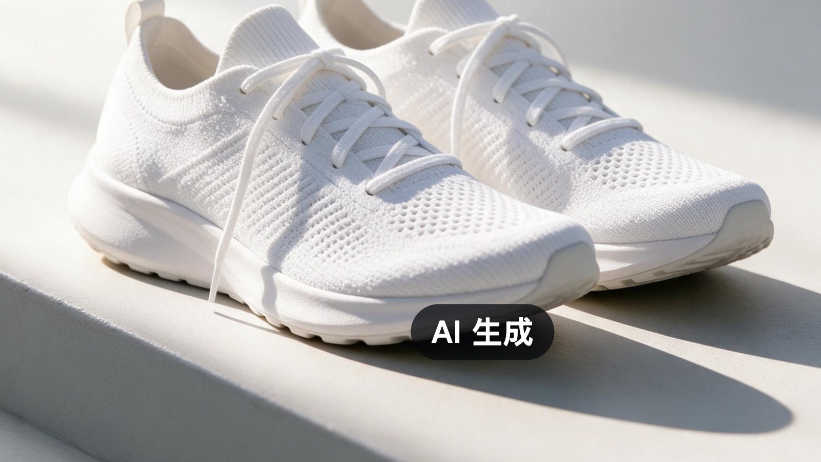AI 原创主视觉（亮色）：一双无品牌白色针织跑鞋置于浅灰台阶、自然光长影 / AI-generated key visual (light): an unbranded white knit running shoe on a light step with soft natural light and a long shadow