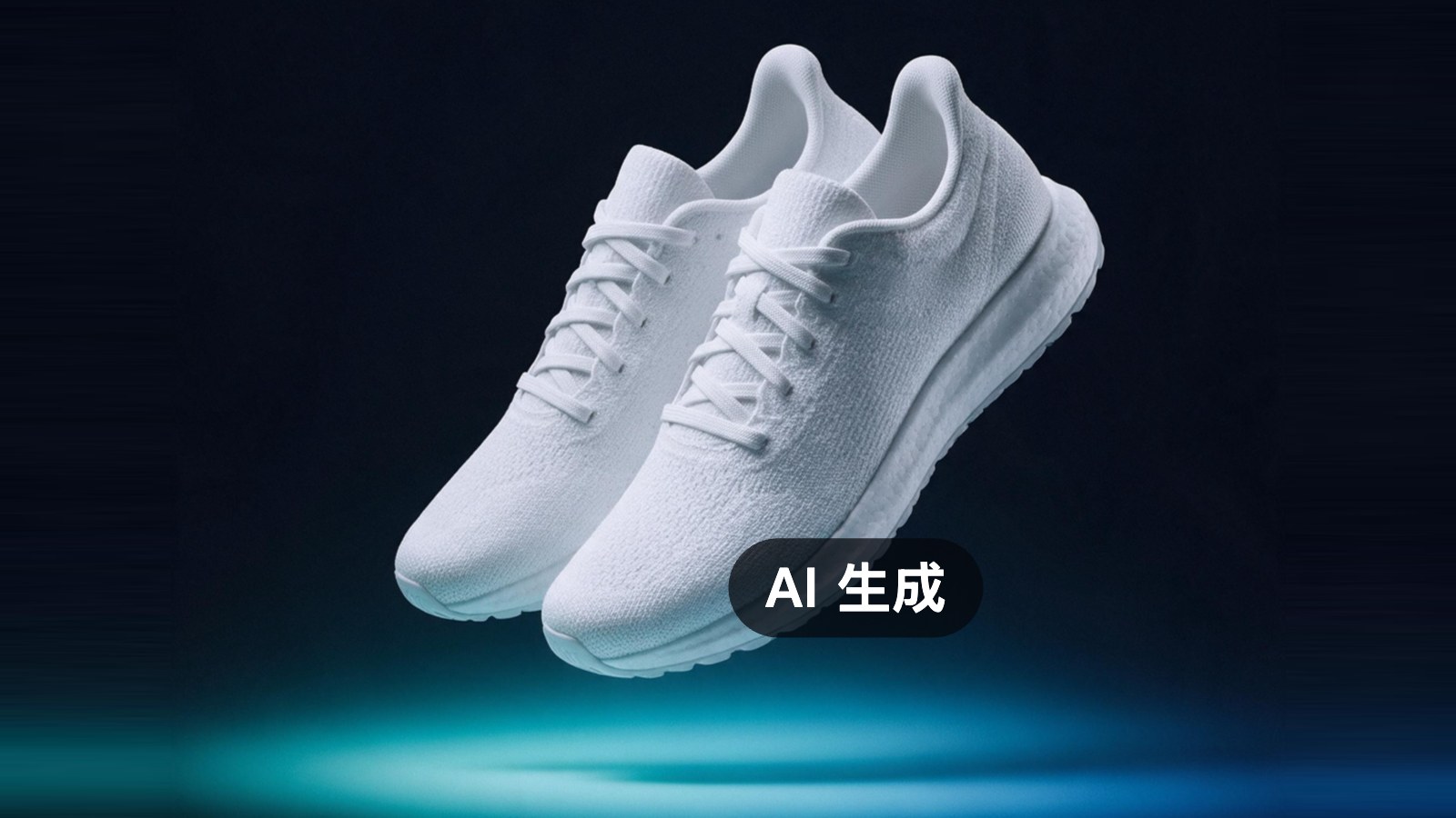 AI 原创主视觉（暗色）：一双无品牌白色针织跑鞋悬浮于近黑背景、底部青蓝辉光 / AI-generated key visual (dark): an unbranded white knit running shoe floating over a near-black ground with cyan-blue underglow